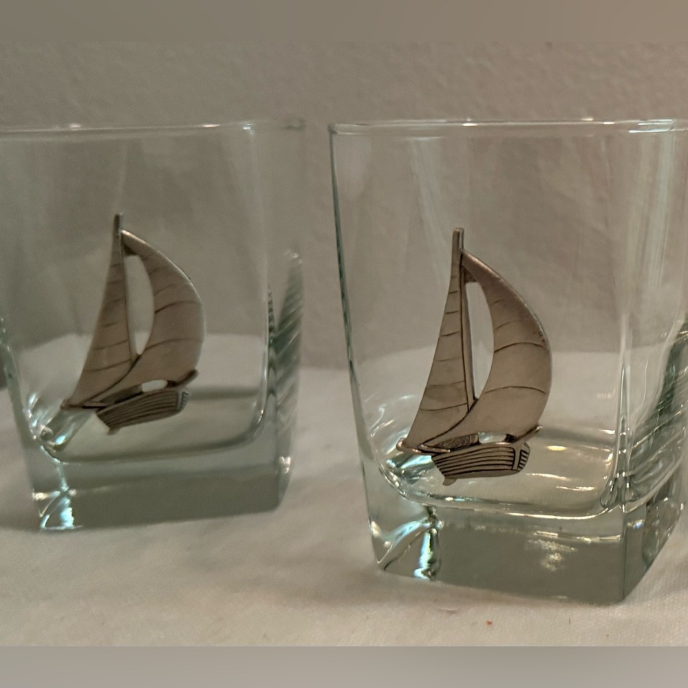 2 pewter sailing boats, lowball, square whiskey glasses. 10oz.